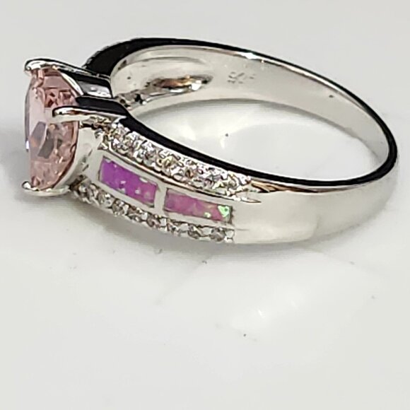 Fashion Jewelry Pink Heart CZ Ring Synthetic Opal Oval Silver Tone Size 9 NOS - Picture 3 of 10